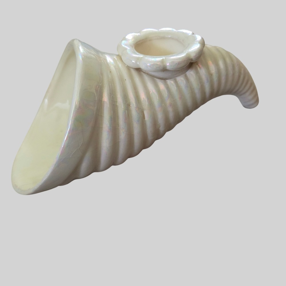 Vintage Iridescent White Ceramic Cornucopia Horn of Plenty Taper Candle Holder
